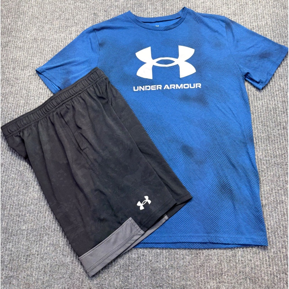 Under Armour Kids Blue Graphic Tee and Black Camo Shorts Active Set YXL